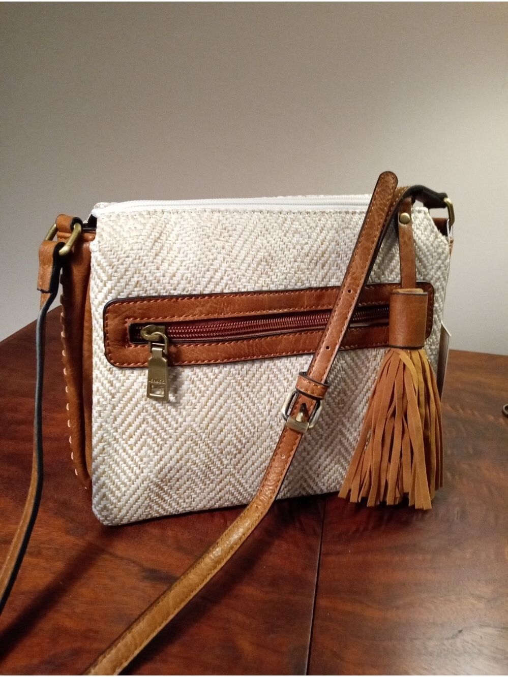 NWT Jen & Co Sabrina Woven Canvas Crossbody With Vegan Leather Trim, White/Camel